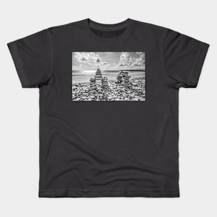 Rock Cairns On Amroth Beach, Wales, Black And White Kids T-Shirt